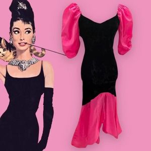 Vintage 1980's Hot Pink with Black Velvet Gown Dress